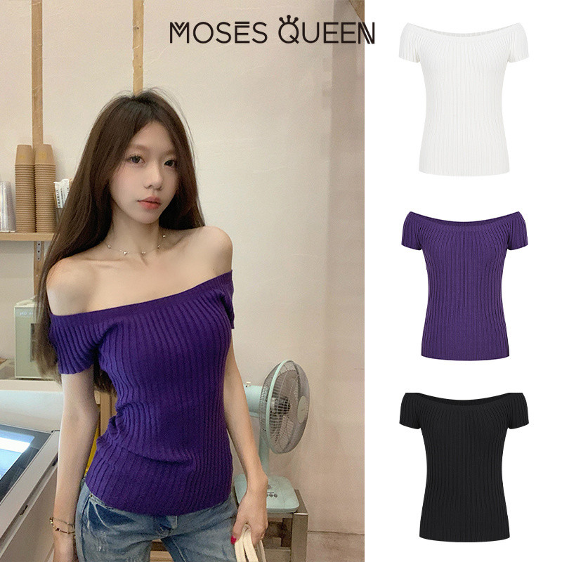 MOSESQUEEN เสื้อยืดแขนสั้นถักไหล่เซ็กซี่บริสุทธิ์ของผู้หญิงดีไซน์ใหม่เสื้อยืดทรงสลิม #59819