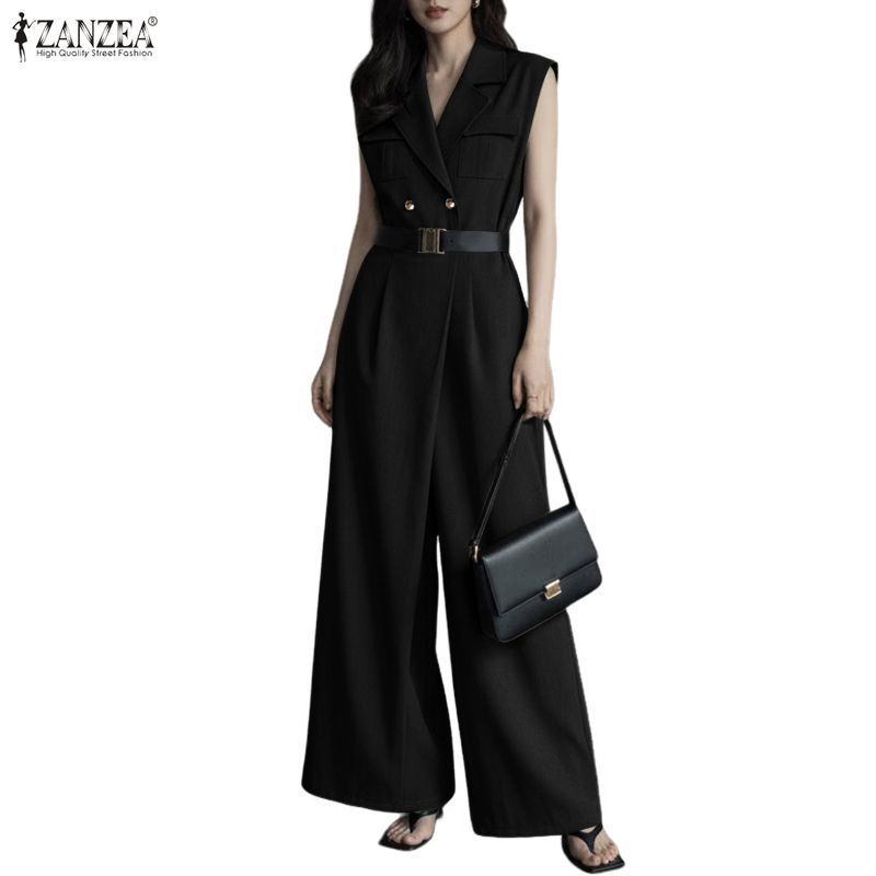ZANZEA ผู้หญิงสํานักงานอย่างเป็นทางการเกาหลี OL Notch Lapel Double-Button แขนกุดขากว้าง Elegant Jumpsuits — صورة 6