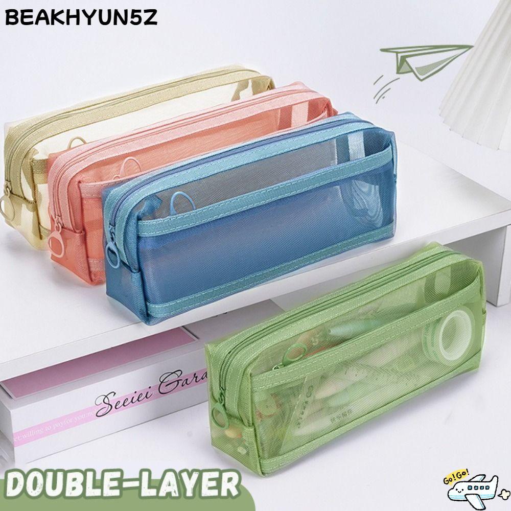 ดินสอ BEAKHYUN5Z, กระเป๋าปากกาตาข่ายโปร่งใส, นักเรียนกล่องปากกาความจุขนาดใหญ่สองชั้นคุณภาพสูง