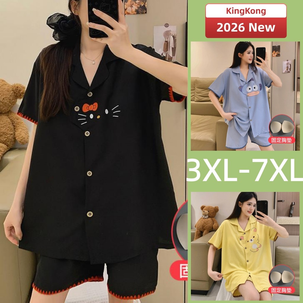 3เอ็กแอล-7เอ็กแอล เบาะชุดนอนสตรีขนาดบวก ฤดูร้อน แขนสั้น หลวม น่ารัก การ์ตูน
