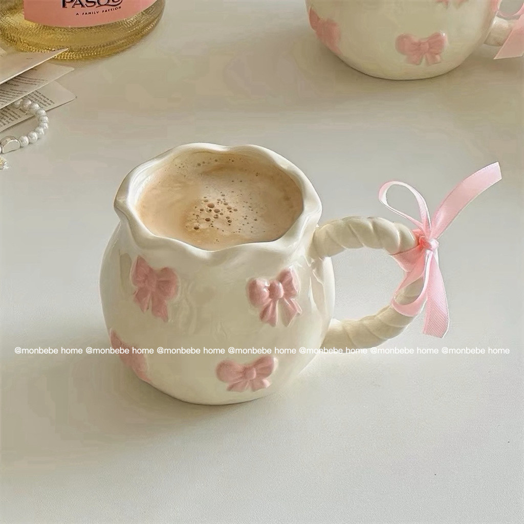 แก้วนม แก้วกาแฟ insโบว์โบว์เล็ก🎀 3D ใช้ไมโครเวฟได้ เหมาะมากสำหรับเป็นของขวัญ พร้อมส่ง