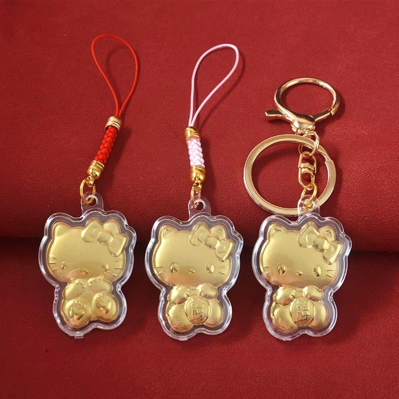 การ์ตูน Hello Kitty Gold ฟอยล์พวงกุญแจ Lanyard น่ารัก Fortune สายคล้องโทรศัพท์ Charm จี้อุปกรณ์เสริมโทรศัพท์ตกแต่งของขวัญขายส่ง
