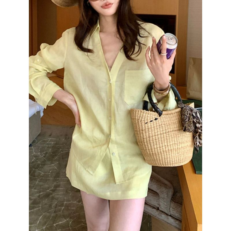 [ลดราคาจํากัดเวลา] กระโปรงเสื้อสีเหลืองอ่อน ผอมลง ดู ทั้งหมด-จับคู่ สไตล์ใหม่เสื้อสไตล์ขี้เกียจฝรั่งเศสเอวสูงกระโปรงสั้นชุดลําลองออกแบบ