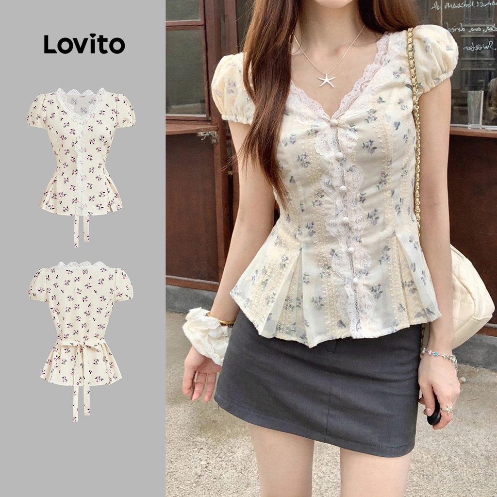 Lovito เสื้อเชิ้ตลูกไม้ผ่าหน้าด้วยกระดุม สไตล์ฤดูใบไม้ผลิ/ฤดูร้อน สำหรับผู้หญิง L154ED1015