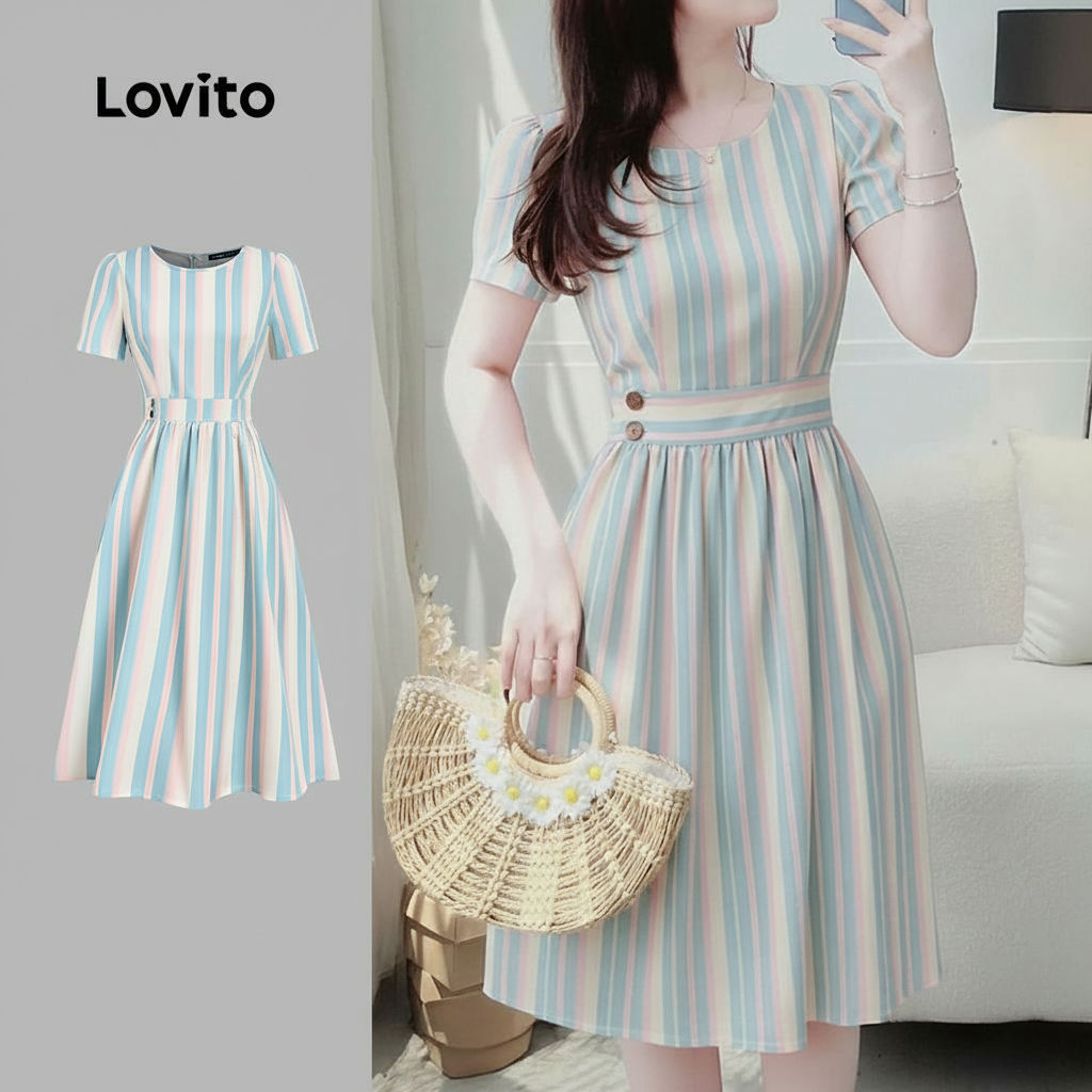 Lovito ชุดเดรสลําลองลายเรขาคณิตติดกระดุมสําหรับหญิงฤดูร้อน L164ED357