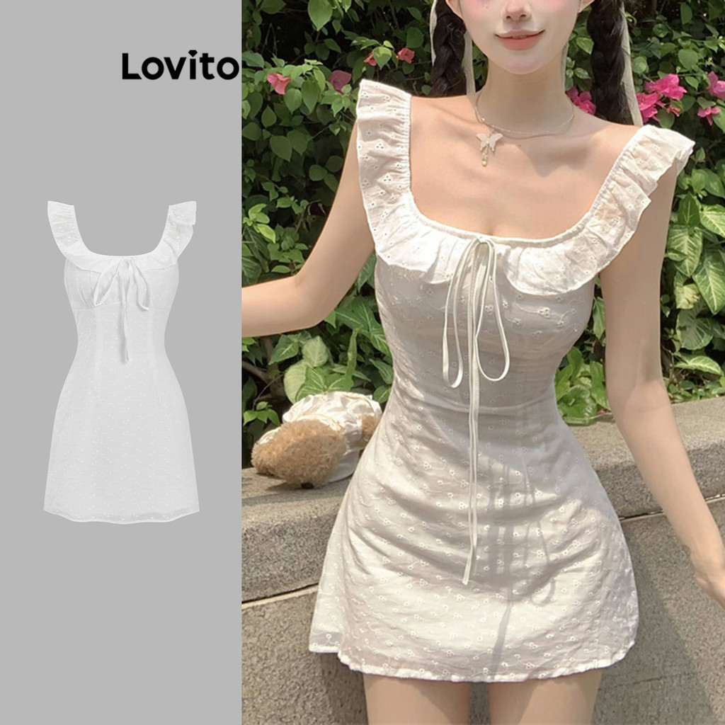 Lovito ชุดเดรส สีพื้น ผูกด้านหน้า แต่งปักฉลุ สไตล์น่ารัก สำหรับผู้หญิง L122AD063