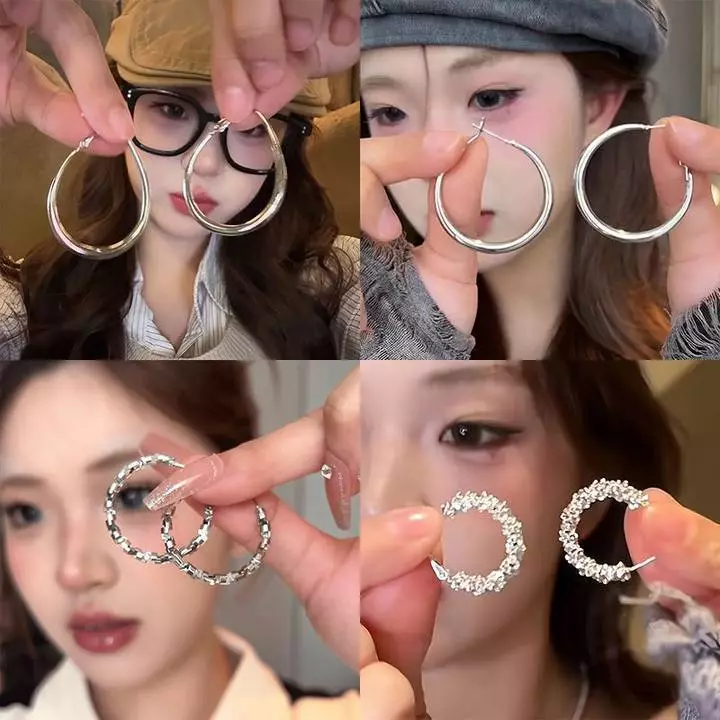 [ราคาต่อ1คู่] ต่างหูห่วงสไตล์ฝรั่งเศสสำหรับผู้หญิง ต่างหูสายฝอ ต่างหูห่วงวงกลมขนาดใหญ่แบบเจาะ ตัวล็อคแบบสปริงดีด
