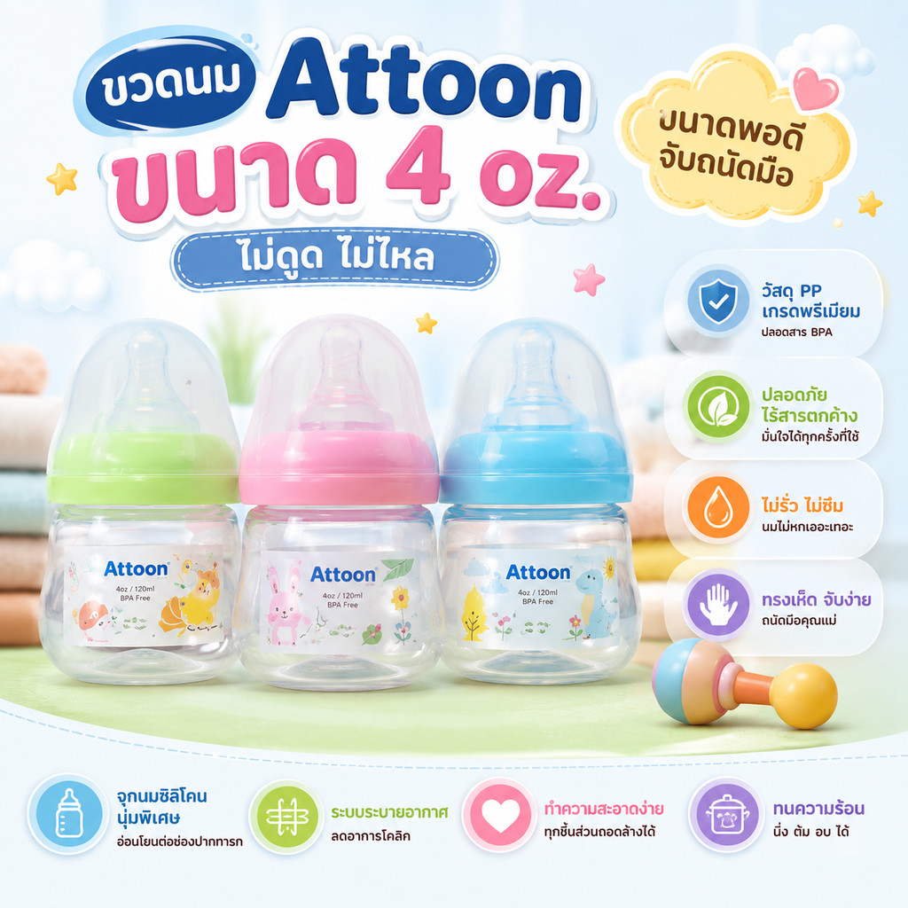 Attoon ขวดนมคอกว้าง 4ออนซ์ เเละ แบบ 2 ออนซ์ หัวเเหลม พร้อมจุกนมทุกขวด