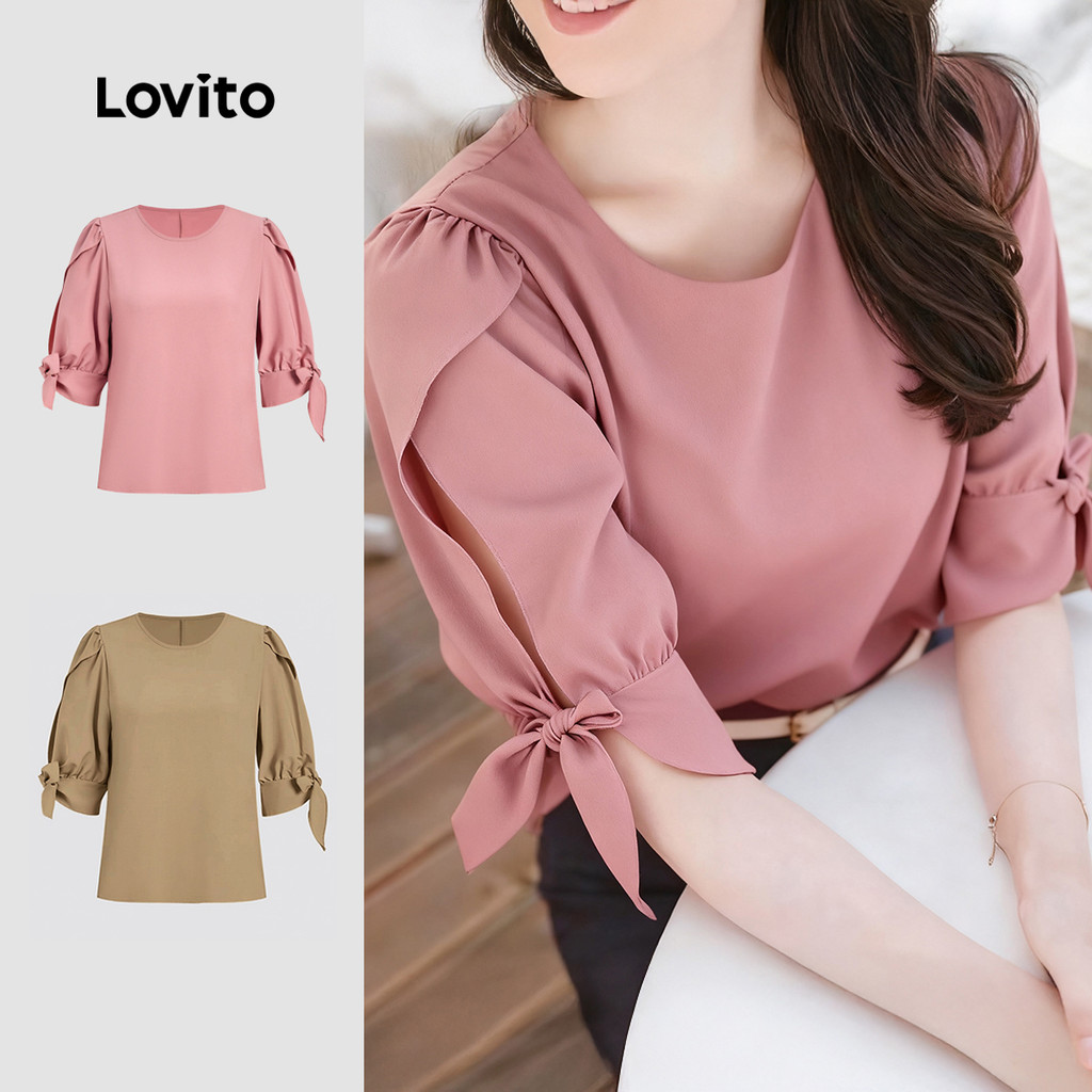 Lovito Elegant เสื้อเชิ้ตผู้หญิงสีชมพูสําหรับฤดูใบไม้ผลิ/ฤดูร้อน แบบเรียบง่ายผูกเชือก L172ED765