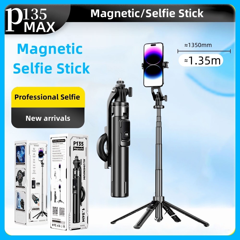 P135 MAX Magsafe ขาตั้งกล้องเซลฟี่แม่เหล็กพร้อมที่วางโทรศัพท์แม่เหล็กและรีโมทไร้สายแบบถอดได้สําหรับ 