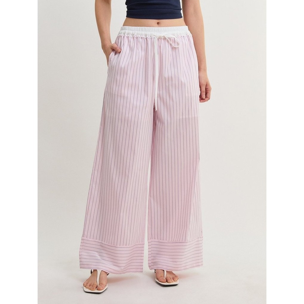 [Pomelo] กางเกงขายาวลายทางแต่งขอบลูกไม้ / Striped Eyelet Trim Pants