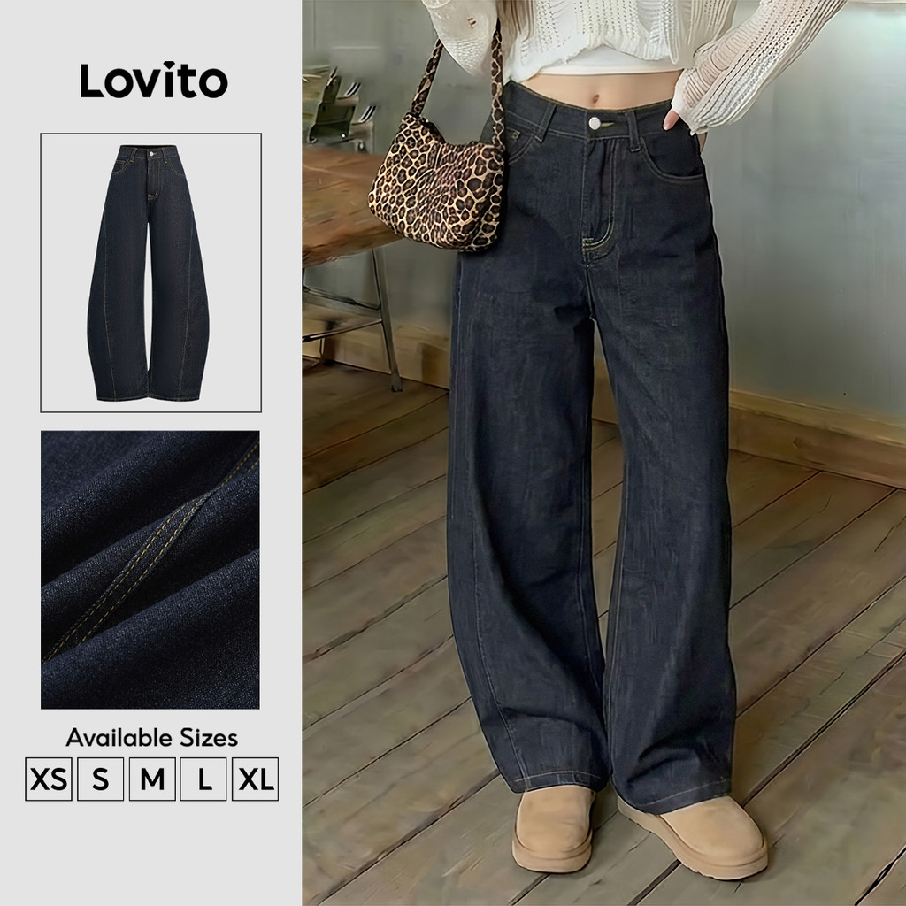 Lovito  กางเกงยีนส์ผู้หญิงสีดําคลาสสิกและหลากหลาย L173AD215