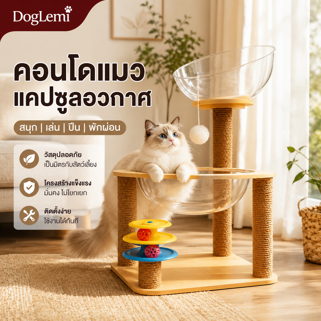 【DogLemi】คอนโดแมวแคปซูลอวกาศ 80CM บ้านแมว ที่ลับเล็บแมว คอนโดแมวไม้ แคปซูลใส ของเล่นแมว เฟอร์นิเจอร์แมวสไตล์มินิมอล