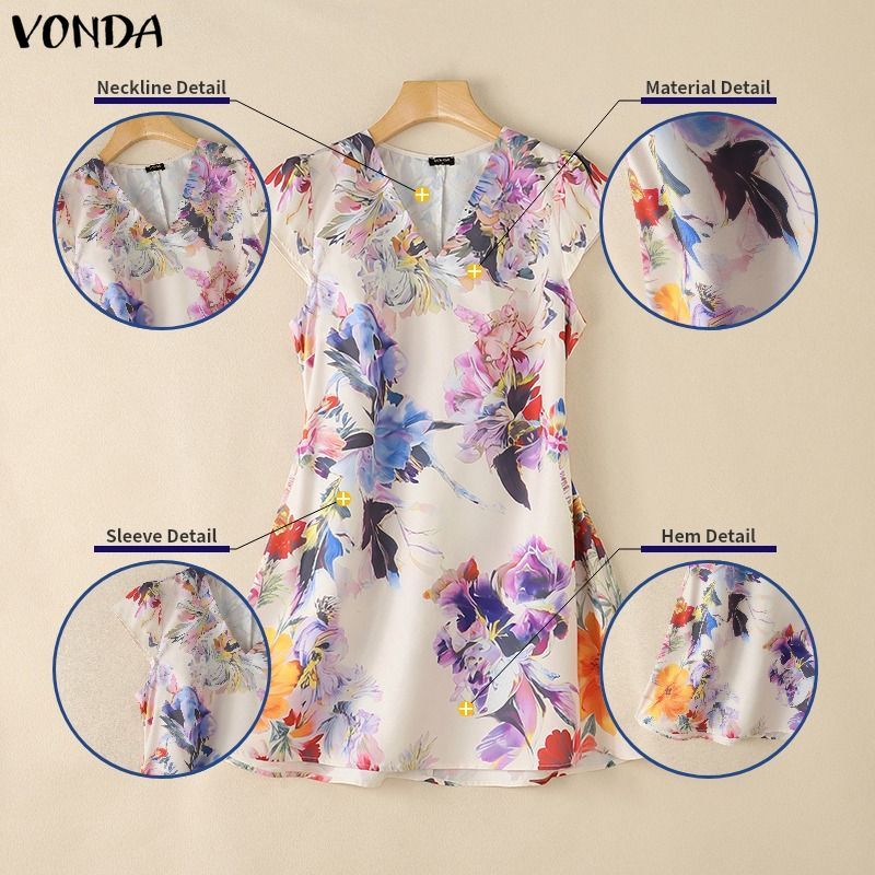 VONDA ผู้หญิงเกาหลี Elegant โรแมนติกปาร์ตี้ V คอ Fly Sleeve พิมพ์ลายดอกไม้ Flare A-Line Dresses — صورة 7