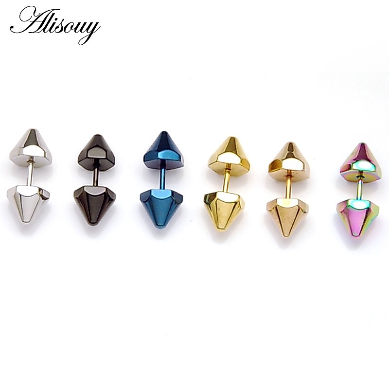Alisouy 2PCS 8mm เส้นผ่านศูนย์กลาง Spike Rivet หกเหลี่ยมสแตนเลส Punk Men สกรูกลับ (เจาะ) ต่างหูสตั๊ด 6 สี
