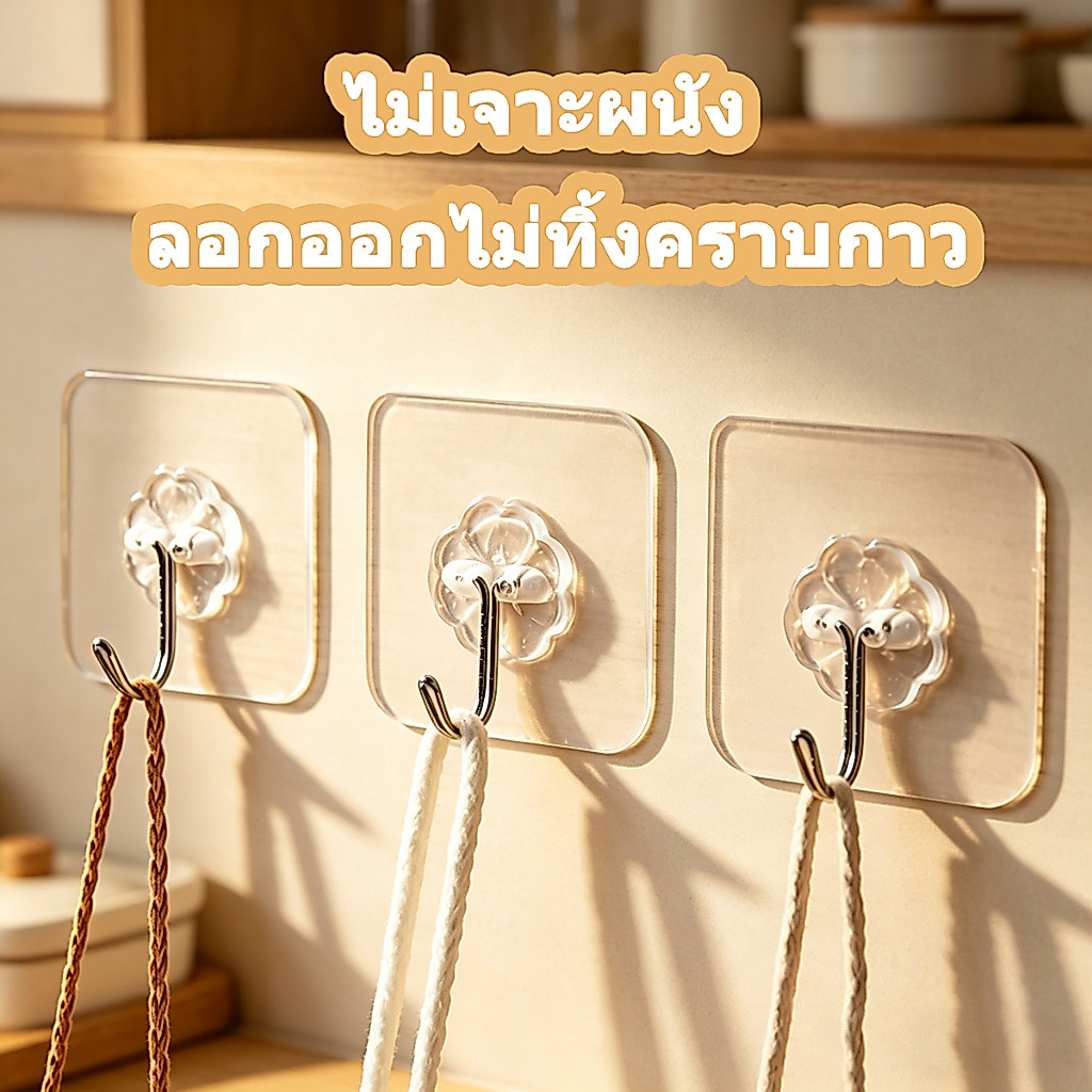 [10 อัน] ตะขอแขวนของติดผนังไม่เจาะผนัง ใสโปร่งใส ไม่ทิ้งคราบกาว แรงยึดแรง สำหรับบ้านและห้องครัว