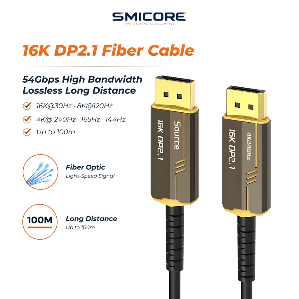 สาย DisplayPort 2.1 AOC ไฟเบอร์ออปติก 54Gbps 16K@30Hz 8K@120Hz 4K@240Hz รองรับระยะไกลสูงสุด 1-100M