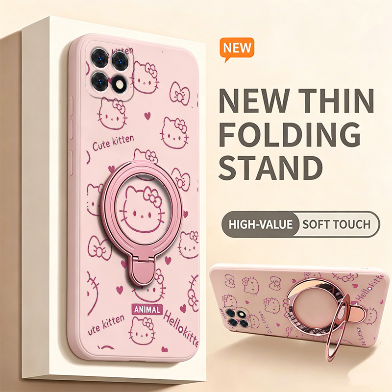 SAMSUNG เคสสําหรับSAMSUNG A22 5g A22 4Gเคสโทรศัพท์Softcaseซิลิโคนกันกระแทกปกดีไซน์ใหม่ความงามพร้อมที่วางแมวน่ารักสีชมพูสําหรับสาวโปร่งใสYTFUZJ1
