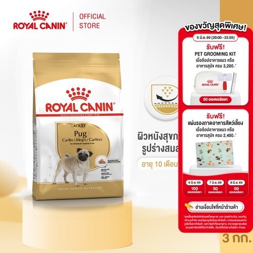 Royal Canin Pug Adult 3kg อาหารเม็ดสุนัขโต พันธุ์ปั๊ก อายุ 10 เดือนขึ้นไป (Dry Dog Food, โรยัล คานิน)