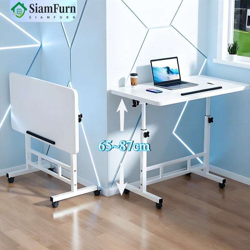 【สินค้าพร้อมส่ง】โต๊ะทำงานพับได้ 80x40cm พร้อมล้อหมุนได้ 360° โต๊ะข้างเตียง โต๊ะคอมข้างเตียง Folding Table