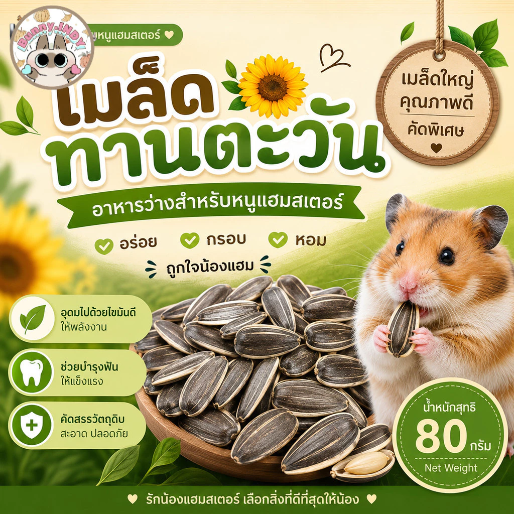 Bunny.indy เมล็ดทานตะวัน 80 กรัม ขนมสัตว์เลี้ยงเอ็กโซติก สำหรับแฮมสเตอร์และนกแก้ว (ซีลสูญญากาศ)