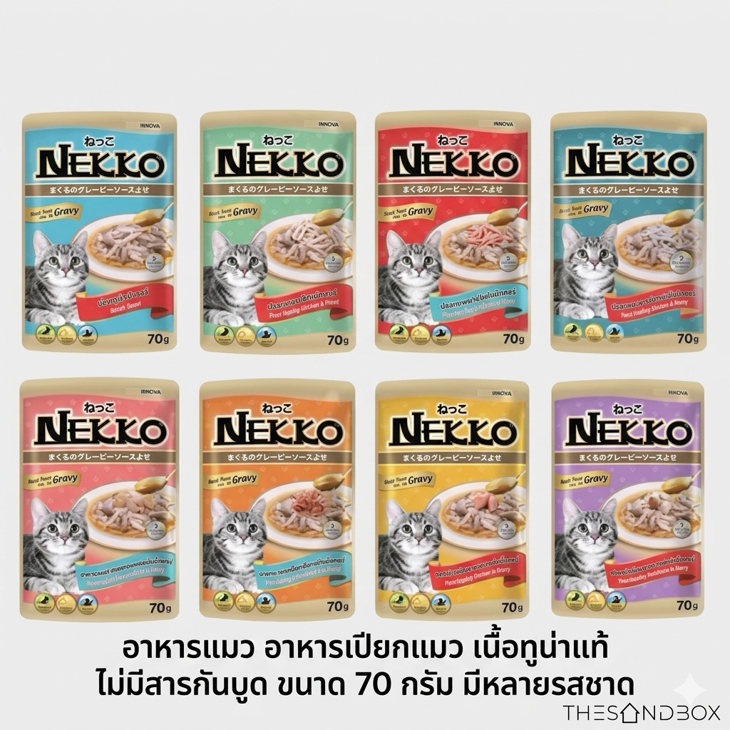 Nekko เน็กโกะ อาหารแมว อาหารเปียกแมว เนื้อทูน่าแท้  ไม่มีสารกันบูด ขนาด 70 กรัม มีหลายรสชาด