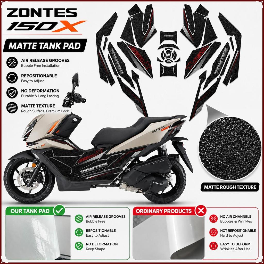 ZONTES 150X Matte Tank Pad Set - Anti-Slip Fuel Tank Protector Sticker Decal for ZONTES 150X /frosted Texture / ติดตั้งง่าย