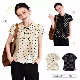 Chili Koko เสื้อลายจุดคอตุ๊กตาสไตล์ญี่ปุ่น ดูเด็กลงสุดๆ กระดุมสองแถววินเทจเก๋มาก แขนสั้นผ้านุ่มใส่สบาย 99471
