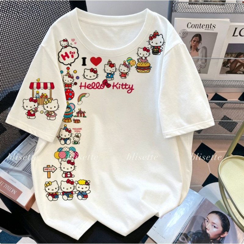 ❤️【จัดส่งจากกรุงเทพฯ】HelloKittyแขนสั้นเสื้อยืด เสื้อยืดคอกลม น่ารักแฟชั่น เสื้อยืด oversize ระบายอากาศใส่สบาย