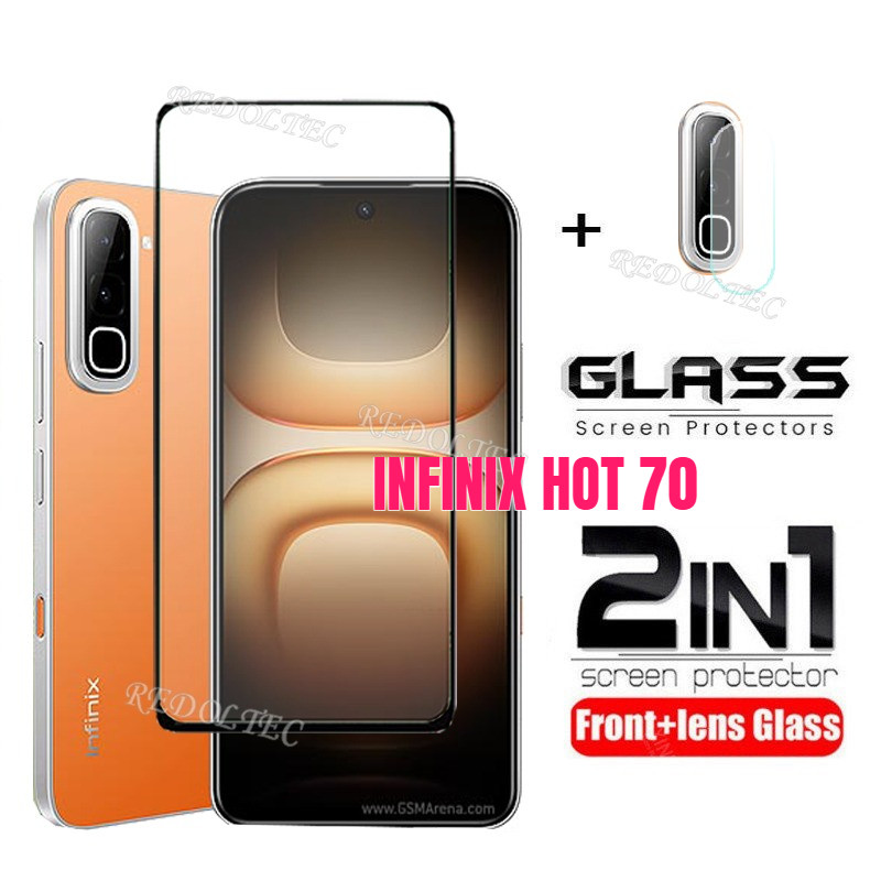 Infinix Hot 70 4G 2 in 1 ปกป้องหน้าจอ + เลนส์ป้องกันคลุมทั้งหมดกาวเต็ม Infinix Hot70 ฟิล์มกระจกนิรภัยป้องกันพร้อมการป้องกันกล้อง Flim