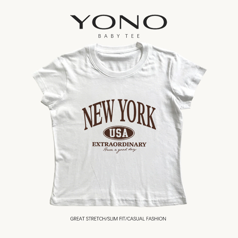 (พร้อมส่ง24ชม.) baby tee สีขาว ลายตัวอักษร NEW YORK ฟีลอเมริกันคอลเลจวินเทจ ทรงเข้ารูป ใส่ชิคแมตช์ง่าย