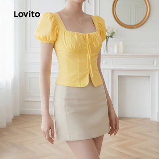 (แคชชวล) Lovito เสื้อเชิ้ตผู้หญิงสีเหลืองสําหรับฤดูใบไม้ผลิ/ฤดูร้อน แต่งลูกไม้และจีบพลีท LK4ED1330