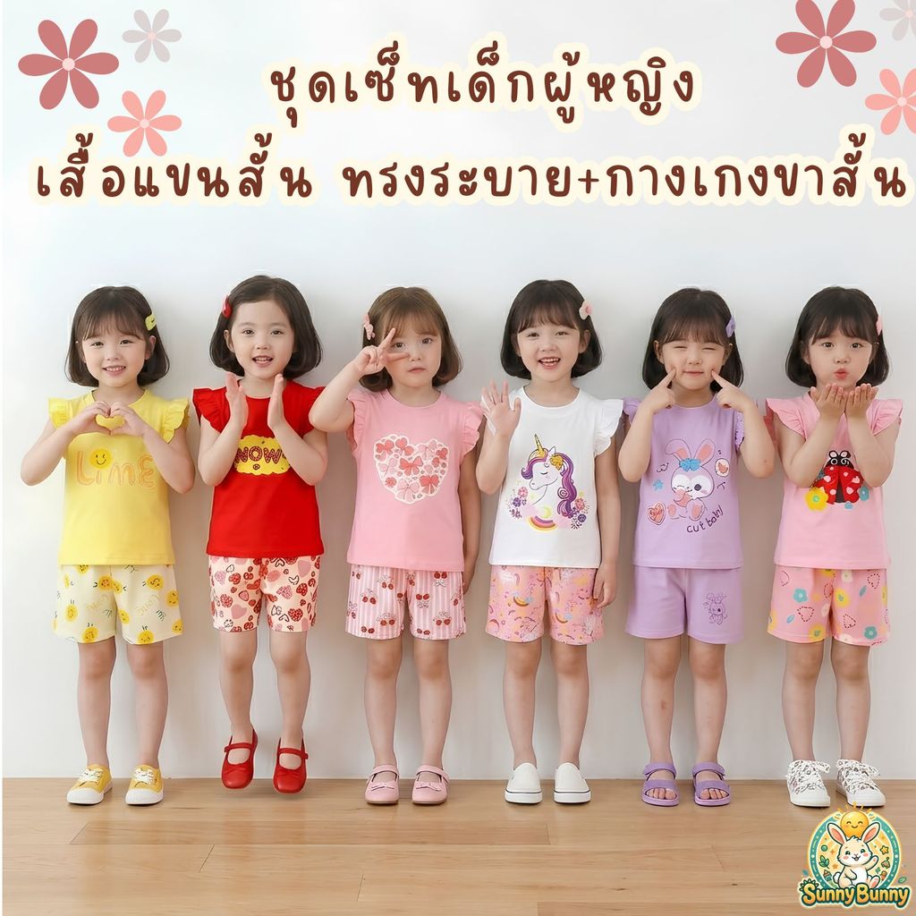 ใหม่ ชุดเซ็ทเด็กผู้หญิง เสือแขนสัน ทรง ระบาย+กางเกงขาสัน Size73-130 1เดือน-6ปี ลายน่ารัก ผ้าcotton สบาย