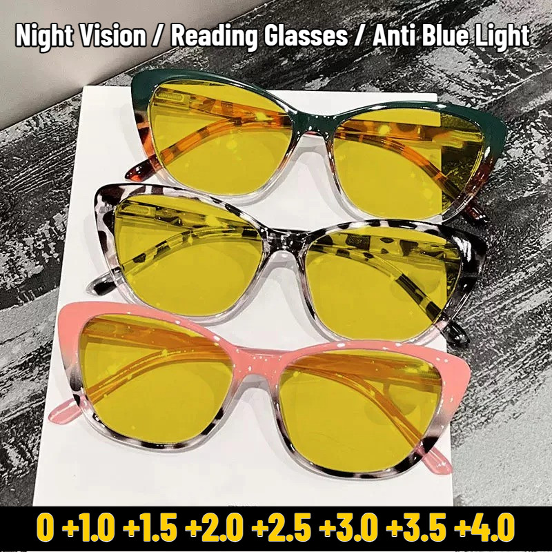 Retro Cat-eye กรอบแว่นตาสายตายาวแฟชั่น High-level Sense of Night Vision แว่นตา HD Anti-blue Light แว่นตาอ่านหนังสือ