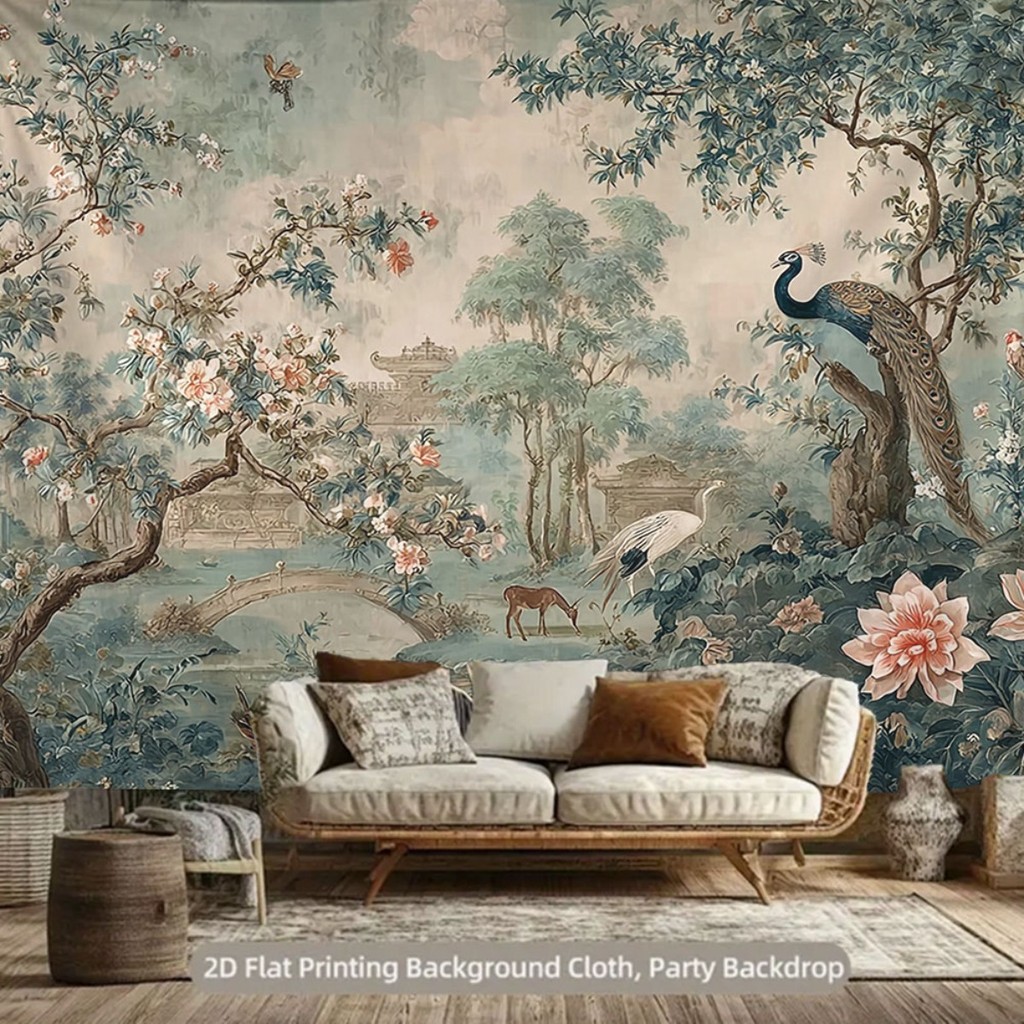 2D Flat, 1pc Large Chinese Peony & Crane Wallpaper Backdrop - Traditional Asian Theme with Green/Bei