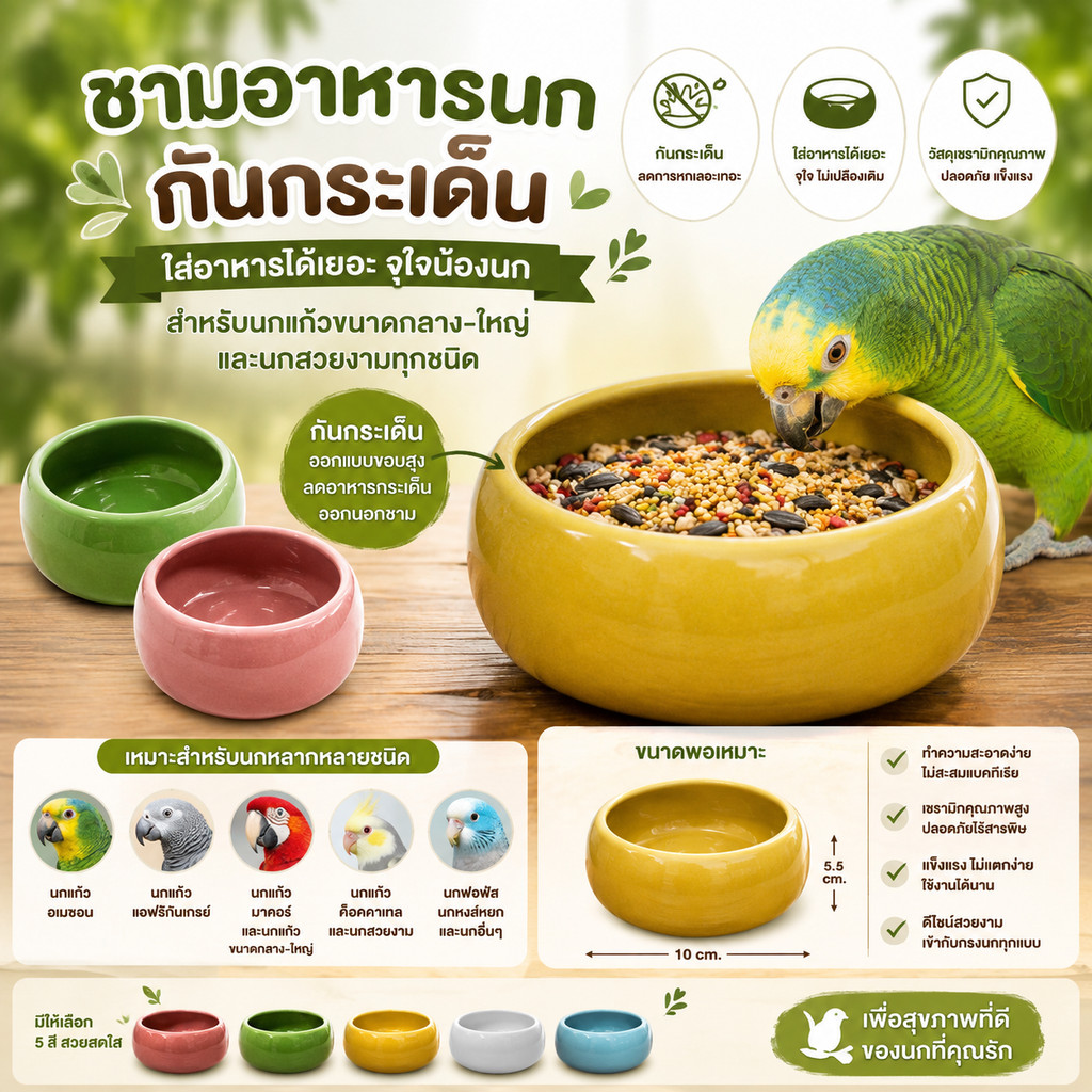 parrot.thailand ถ้วยเซรามิคใส่อาหารนก ทรงโอ่งกันกระเด็น ขอบสูง จุใจ สำหรับนกแก้วและนกสวยงามทุกชนิด