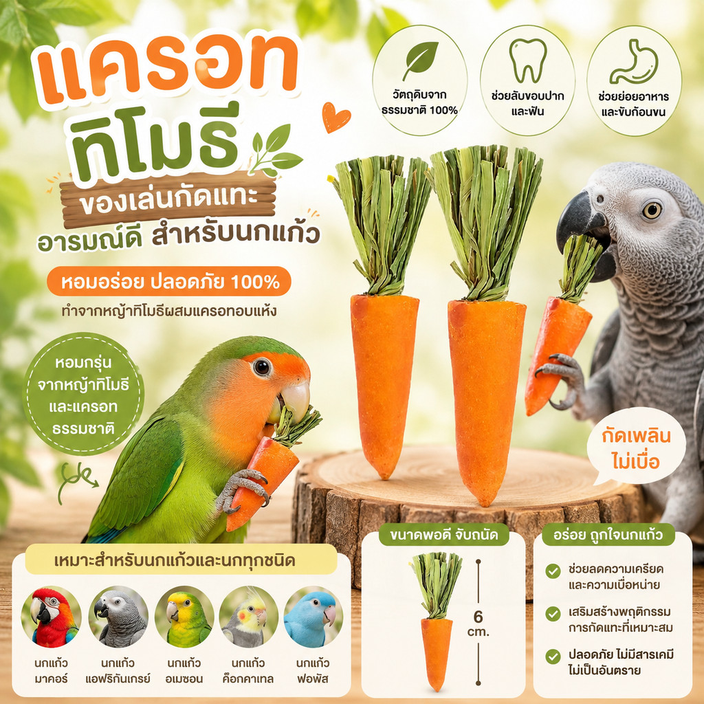 parrot.thailand ของเล่นขัดฟันนก แครอทหญ้าทิโมธี ของเล่นนกแก้ว ลดเครียด แก้เบื่อ สำหรับนกทุกชนิด