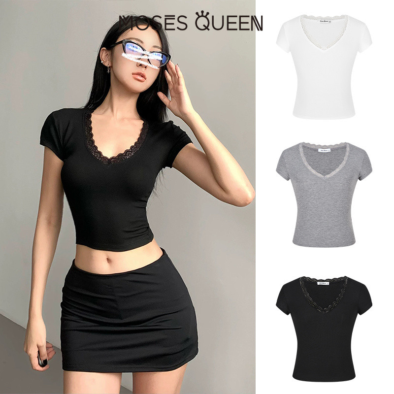 < MOSESQUEEN > เสื้อผ้าสั้นแขนสั้น คอวีใหญ่ ลายลูกไม้ หญิง ฤดูร้อน บริสุทธิ์ดีไซร์ ลม อเมริกัน กระชับ ตัวเต็มอก สาวร้อน #62910