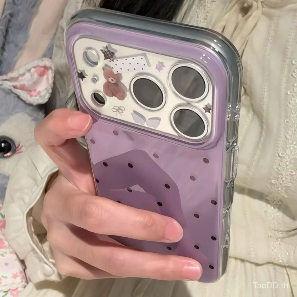 เคสโทรศัพท์ เหมาะสําหรับ iPhone 11 12 13 14 15 16 17 Pro max สีม่วง Polka Dot Wings Bear กันกระแทกกันกระแทกป้องกันกรณีรวมทุกอย่าง LY89