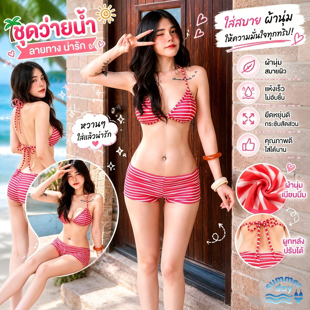 Summer Day🌸🌸แดง/ขาว ลายเส้น bikini ชุด 2 ชิ้น สไตล์เกาหลี swimsuit ผูกคอ โชว์หลัง น่ารักและหวาน ส่งไวจากไทย