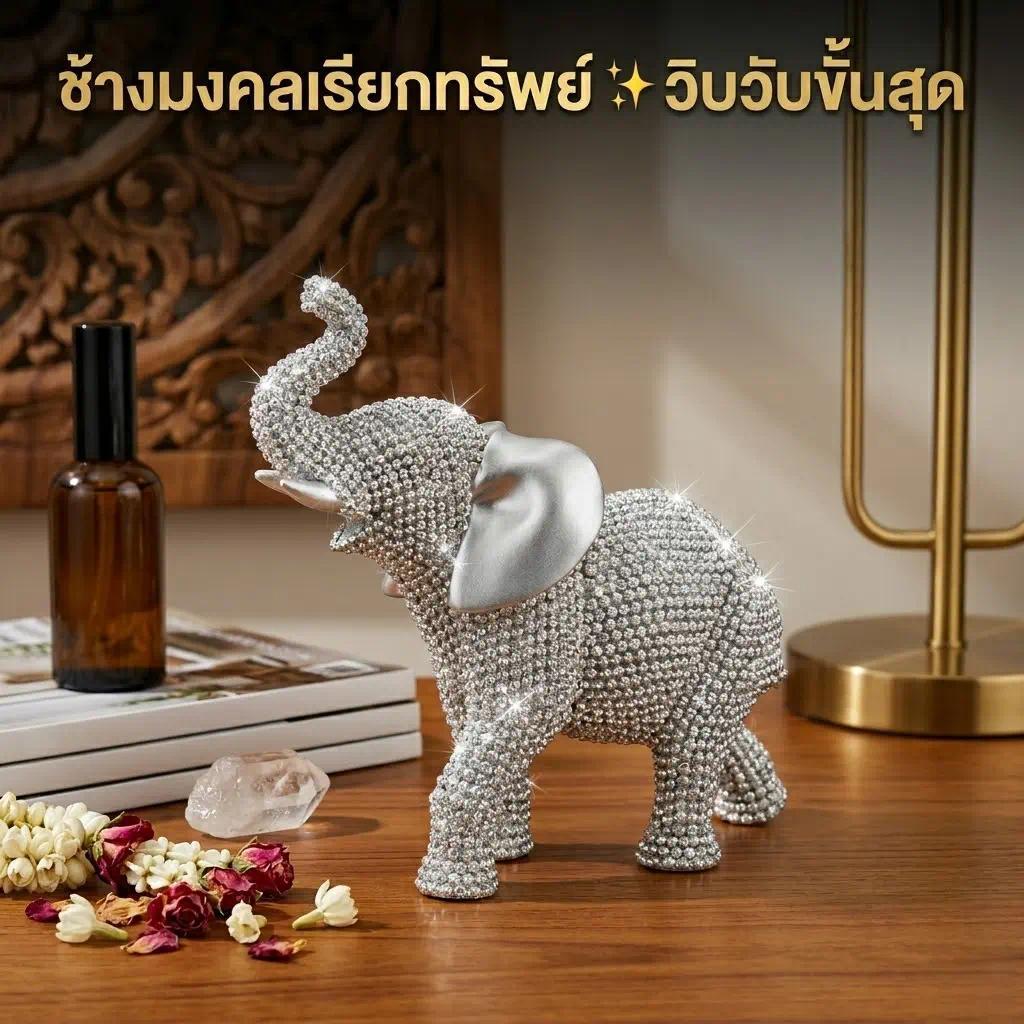 รูปปั้นช้างมงคล ช้างเรซิ่นประดับบีดส์วิบวับ เสริมฮวงจุ้ย เรียกทรัพย์ ของตกแต่งบ้าน ของขวัญ โต๊ะทำงาน
