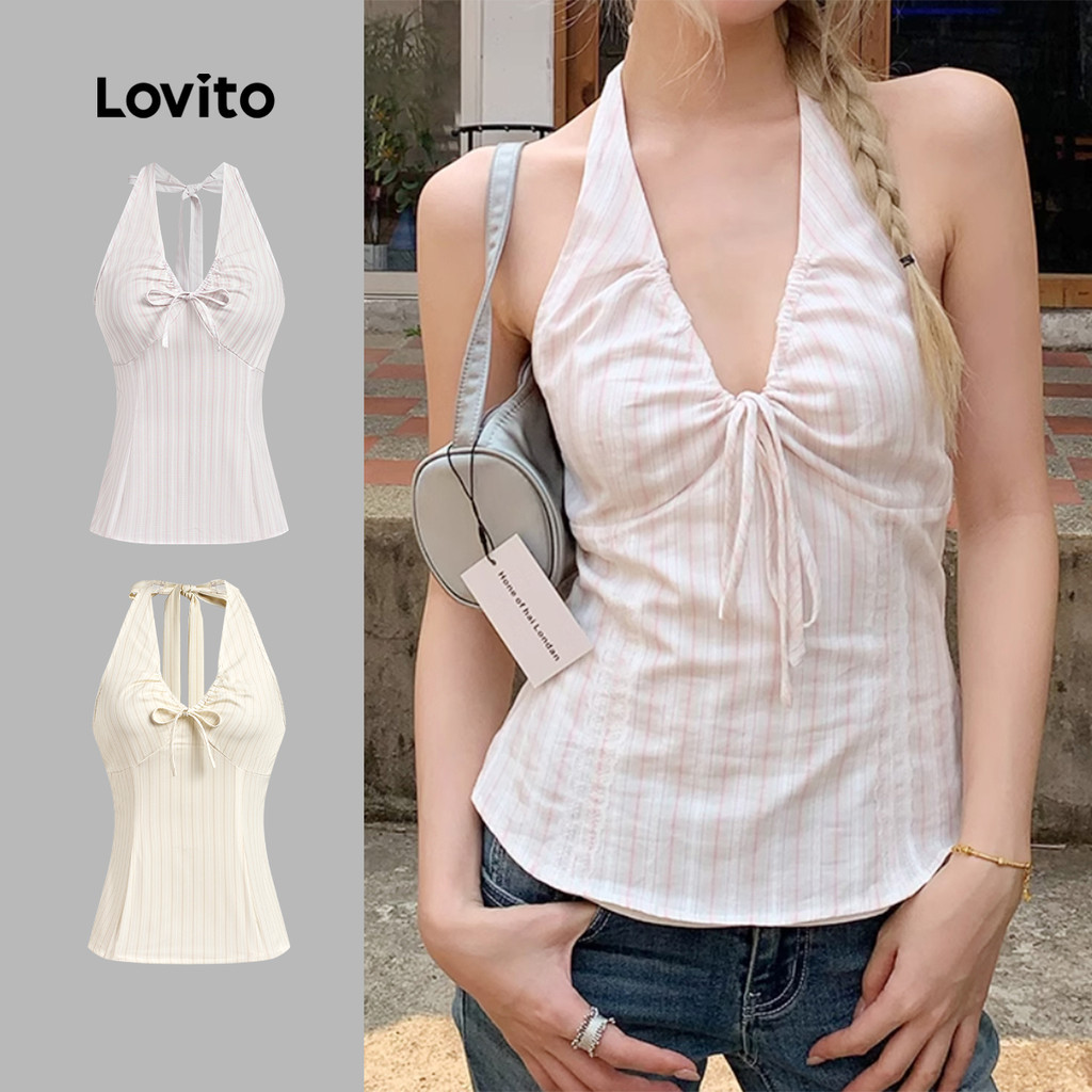 Lovito เสื้อลำลองลายทางผูกเชือกด้านหลัง เปิดหลัง สีชมพูอ่อน เสื้อกล้ามคอฮาลเตอร์เซ็กซี่สำหรับผู้หญิง ฤดูใบไม้ผลิ/ฤดูร้อน L136AD305