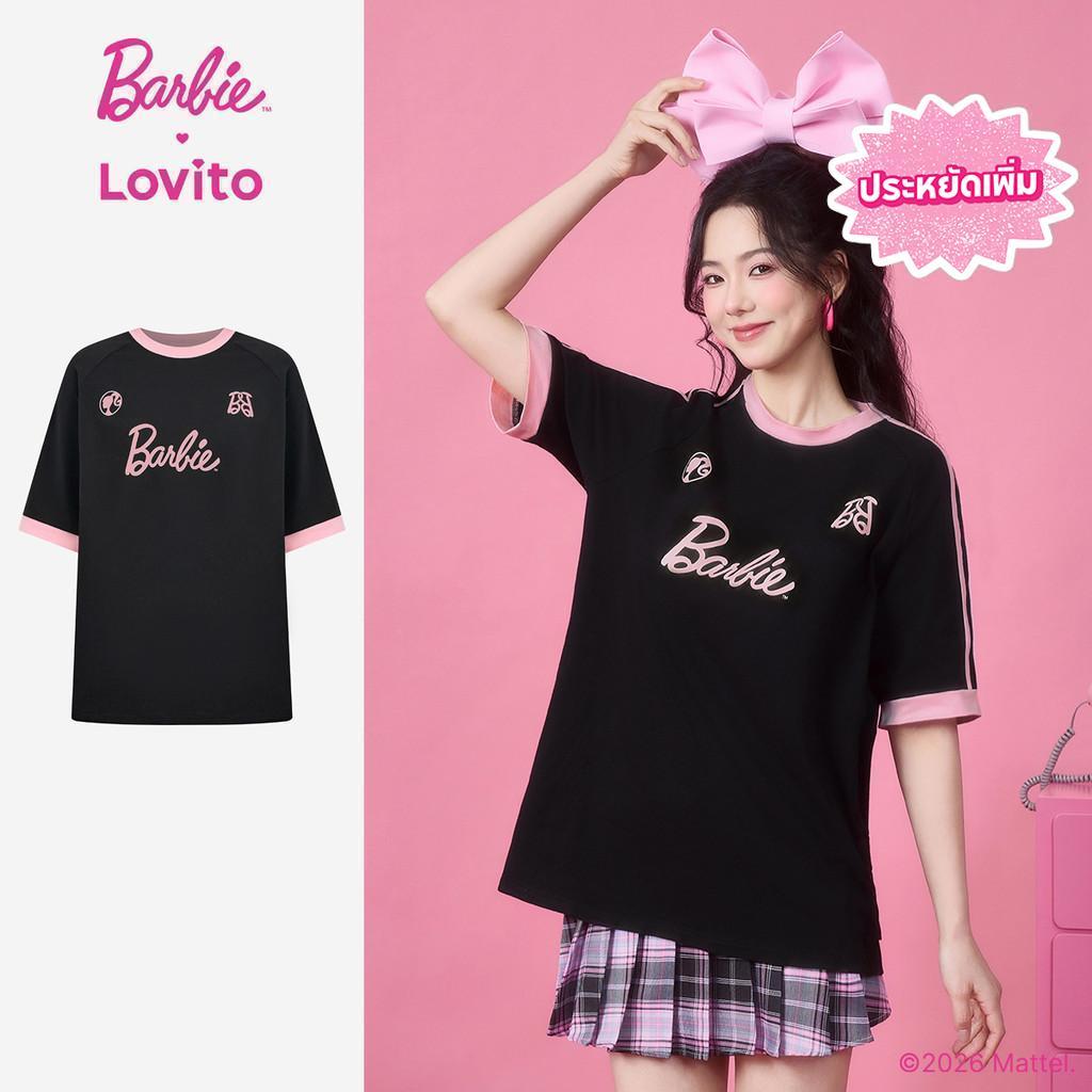 [Summer Sale] Barbie™ X Lovito เสื้อยืดลำลองสไตล์เกาหลี ทรงหลวม สีดำ สำหรับผู้หญิง เหมาะสำหรับฤดูใบไม้ผลิ/ฤดูร้อน LB1AD018