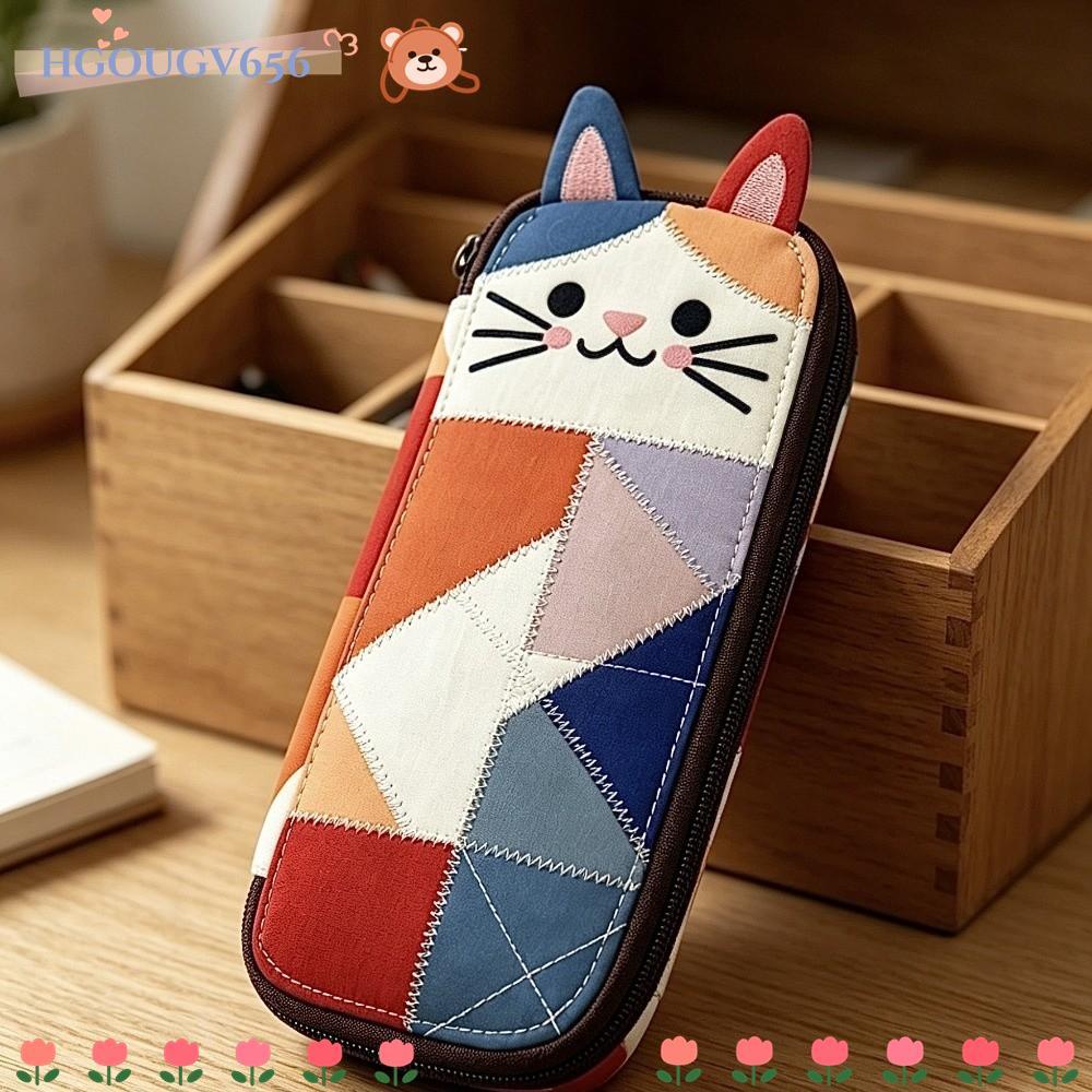 HGOUGVT Pencil , Cat Patchwork Pen Bag, Cartoon Large Capacity Stationery Storage Bag Back To School Gift