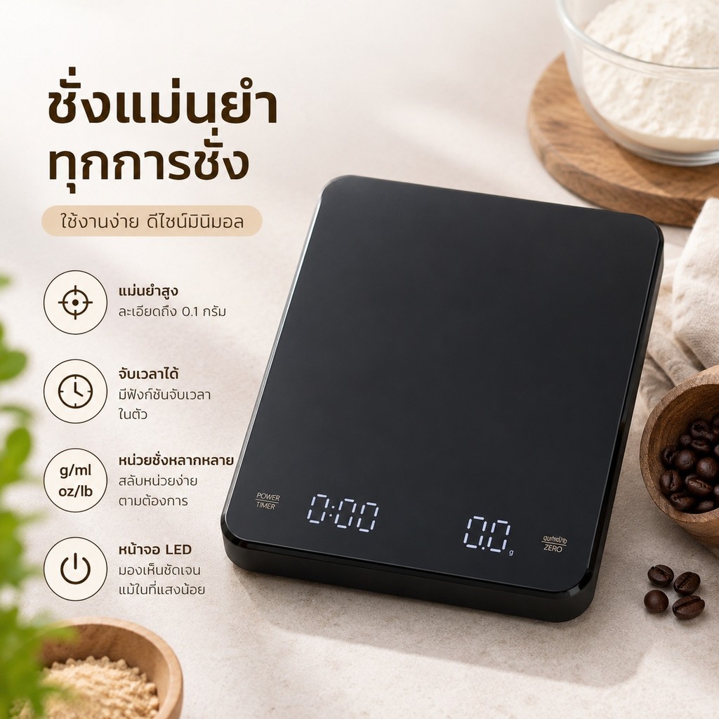 เครื่องชั่งกาแฟ เครื่องชั่งอาหารดิจิตอล 0.1g 3kg จับเวลาได้ จอ LED รองรับ g/oz/lb ชาร์จ USB S00116