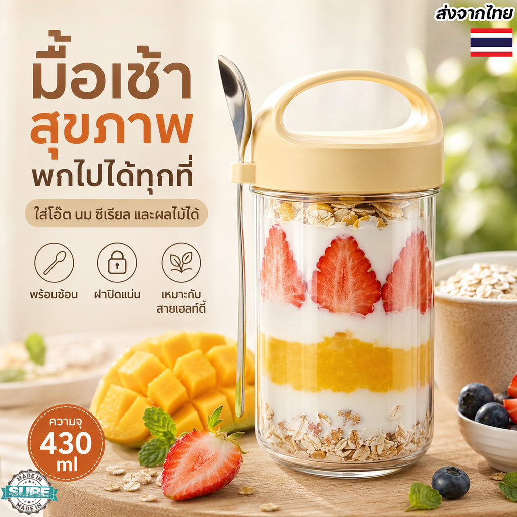 แก้วใส่อาหารเช้าพร้อมฝาปิด 430ml มีช้อนพกพา ถ้วยโอ๊ตมีหูหิ้ว ใช้ที่บ้าน ออฟฟิศ โรงเรียน และเดินทาง