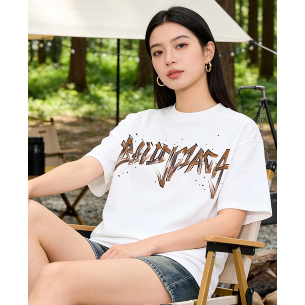 BALENCIAGA ฤดูร้อน PLUS ขนาดแขนสั้นผู้ชายผู้หญิงคู่ Casual PLUS ขนาดสบายรอบคอ Slim-fit Slim-fit Crea