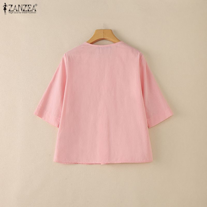 ZANZEA ซานเซีย แฟชั่นสตรีผ้าฝ้ายคอวีครึ่งแขนเสื้อหลวมแข็ง — صورة 8