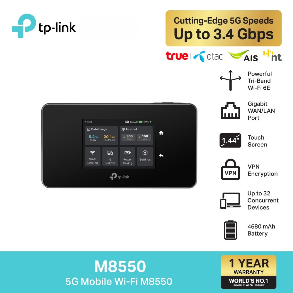 TP-Link M8550 พ็อคเก็ตไวไฟ 5G Mobile Wi-Fi เชื่อมต่อพร้อมกันได้ถึง 32 อุปกรณ์ รับประกัน 1 ปี (รองรับ