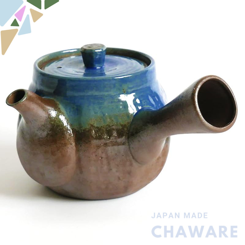 Large Kyusu Teapot 460ml - Lightweight Japanese Banko-yaki Teapot for 3, Deep-Steamed Tea, Blue